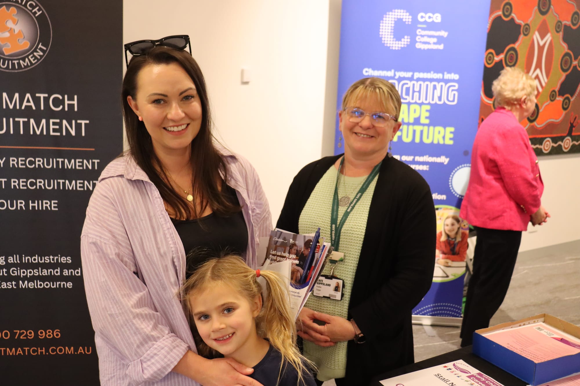 Sarah Sedley with her daughter Hannah with Kellie Sage from TAFE GIPPSLAND