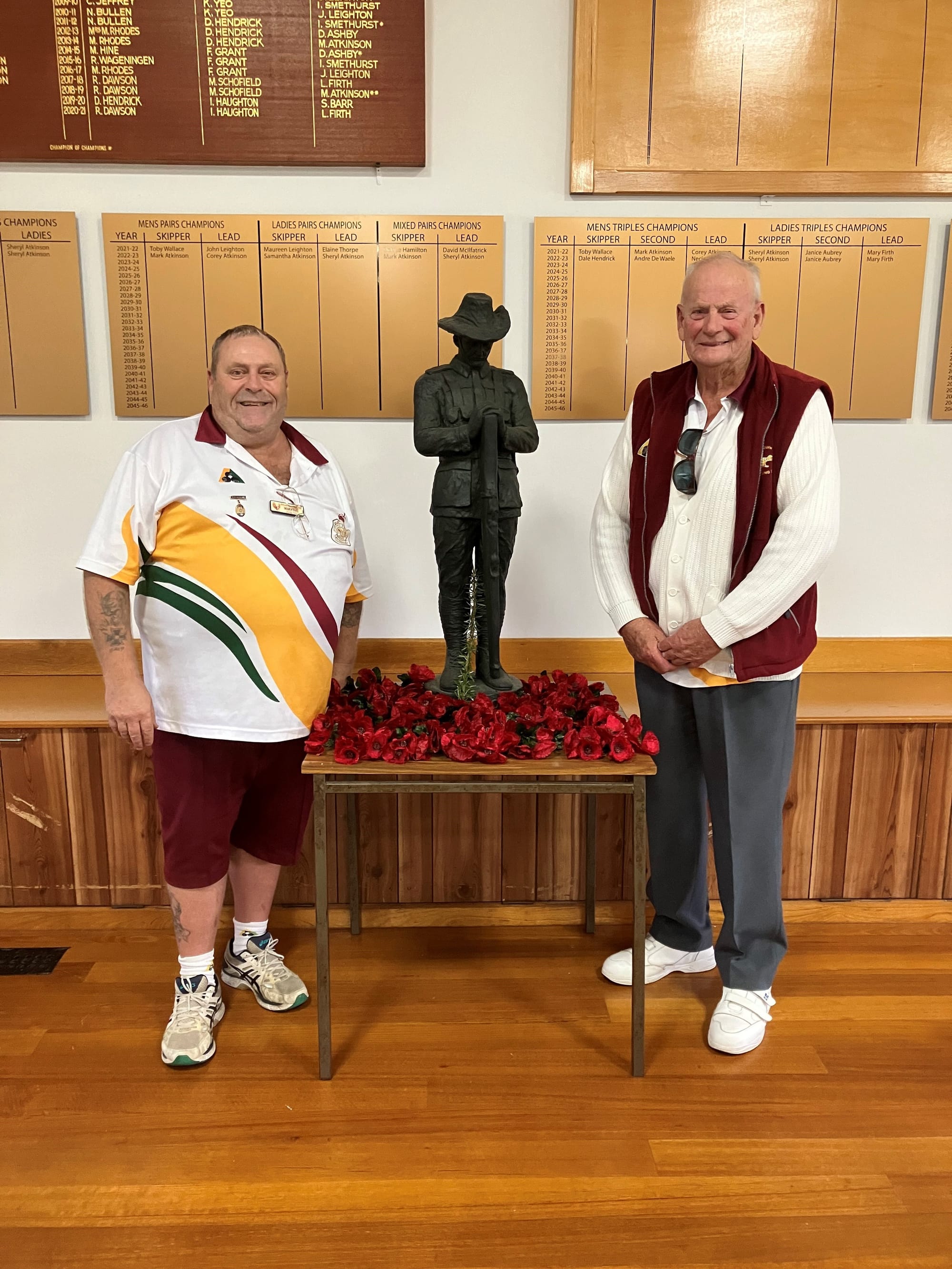 Drouin/Warragul RSL Bowling Club president Wayne Walsh (left) and past president and life member Col Jeffrey take a moment to remember on Diggers Day at Drouin on Saturday.