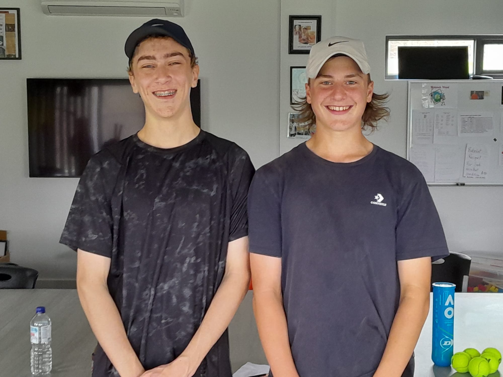 Will Kent (left) and Darcy Britt impressed to win the men's doubles of the Drouin Tennis Club Championships.