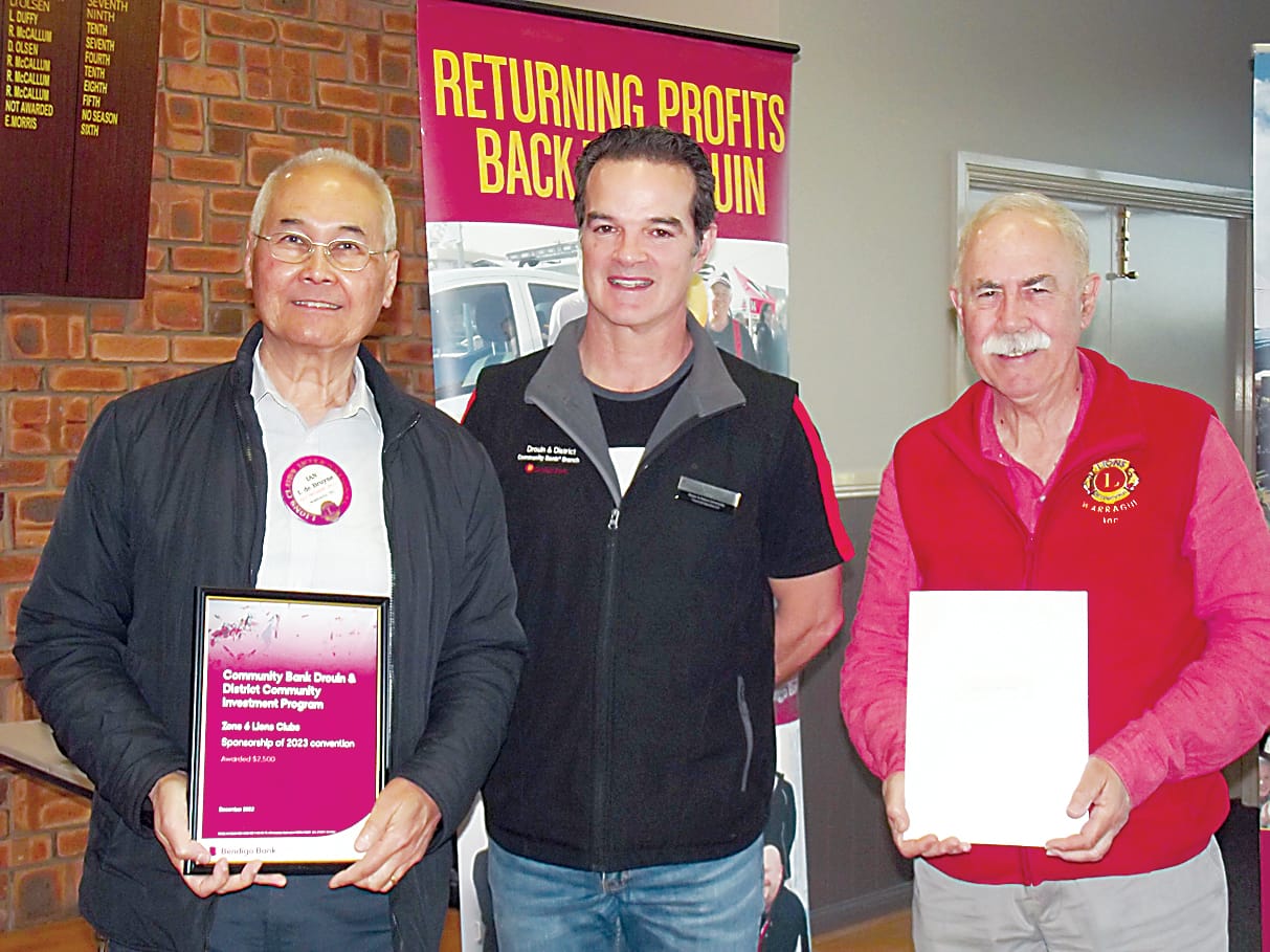 Zone 6 Lions clubs will hold their 2023 district convention in Warragul next October. Drouin community bank vice-chair Matthew Williamson presented funding towards its staging to Lions Ian de Bruyne and Ian Ingliss.