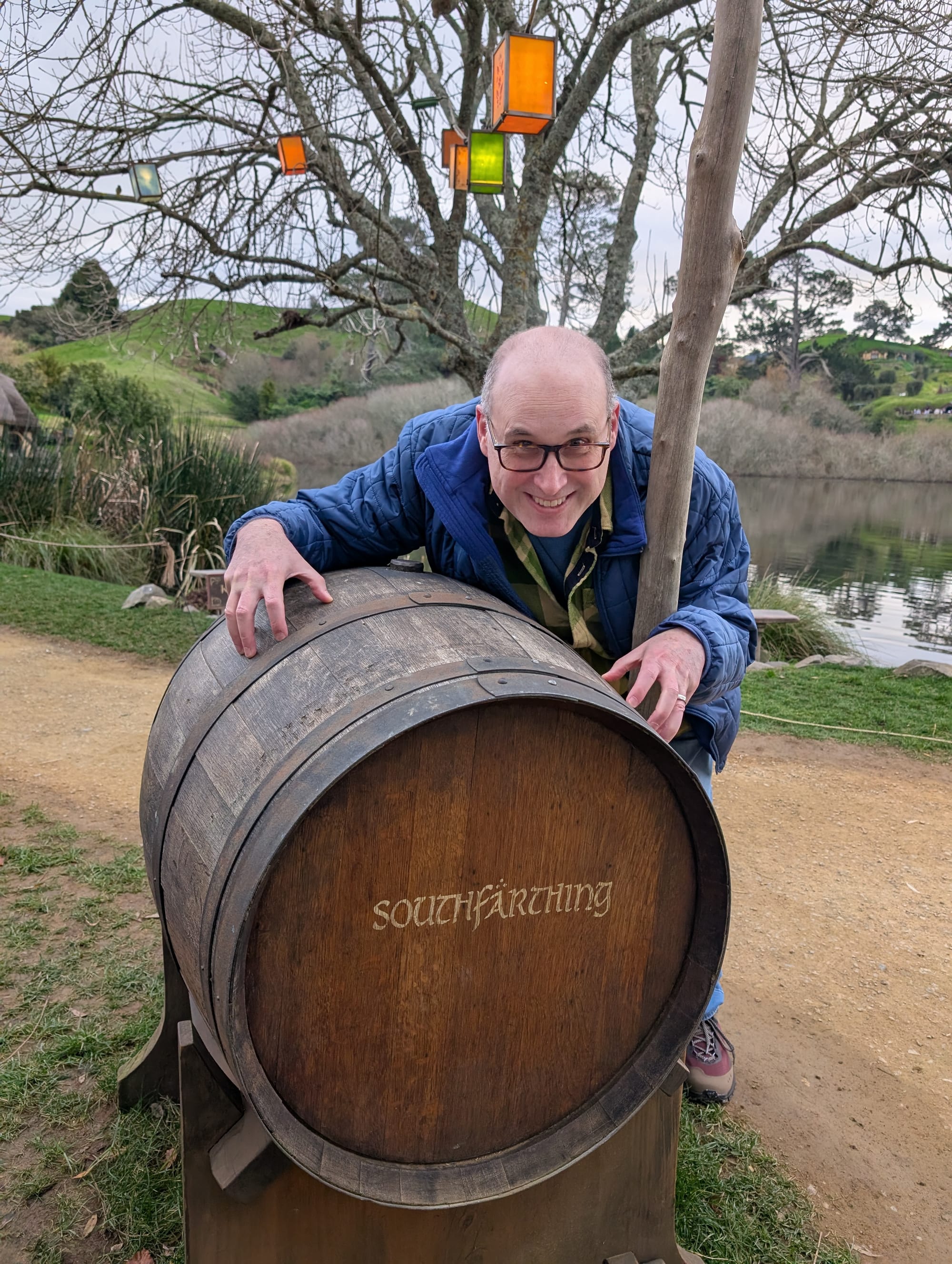 The balding author clutching a barrel of Southfarthing beer.