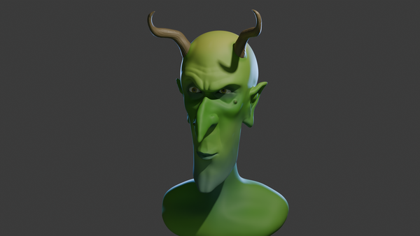 A cartoonish 3D modeled bust of a goblin with horns