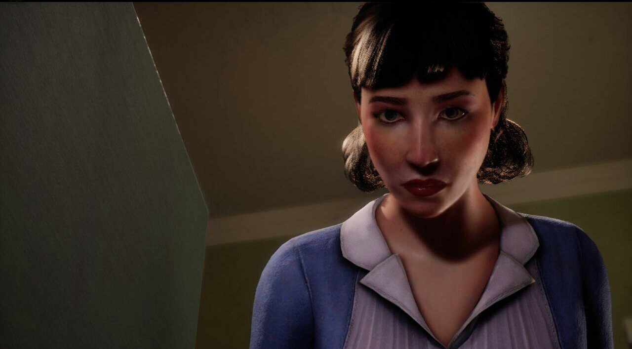 A screenshot of the game. Main character, in her later 20s-30s, wearing a maid uniform from 50s. She is looking at something on the floor.