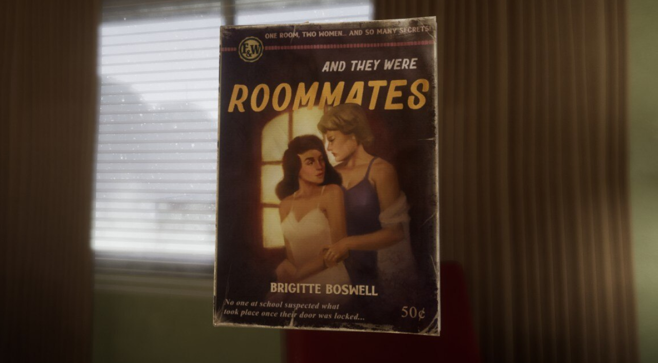 A screenshot. A pulp fiction titled And they were roommates. We see two women embracing each other, they are really intimate.
