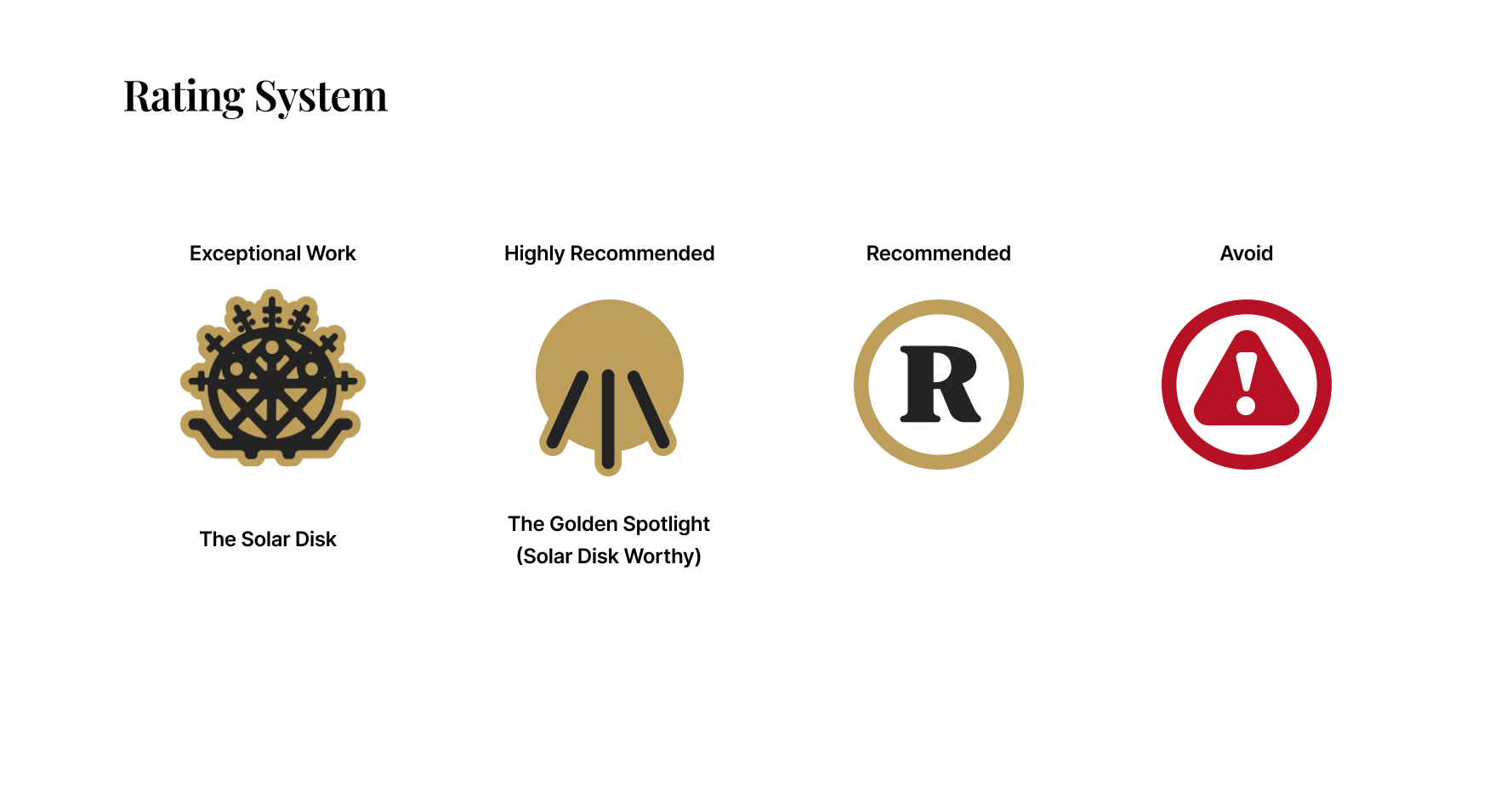 Rating System: The Solar Disk; Exceptional Work. The Golden Spotlight; Highly Recommended. Recommended, Avoid.