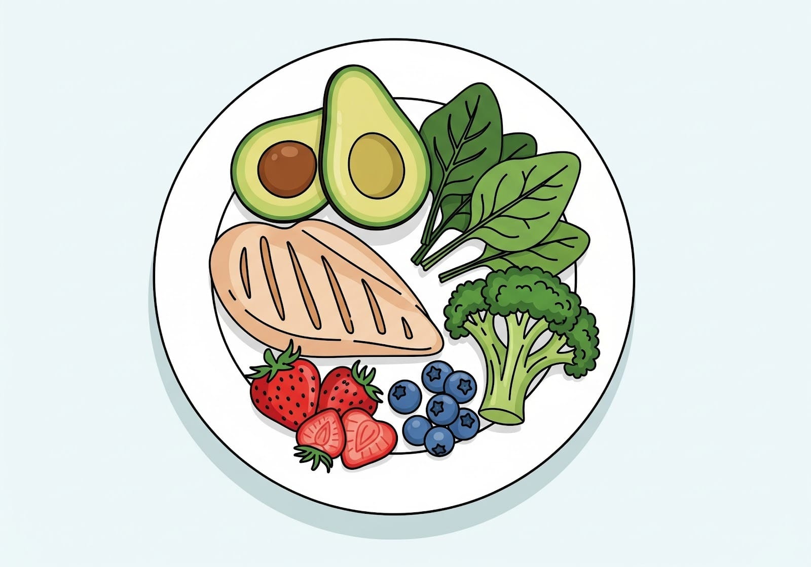 A simple drawing of a healthy plate with fruits, vegetables, and lean protein