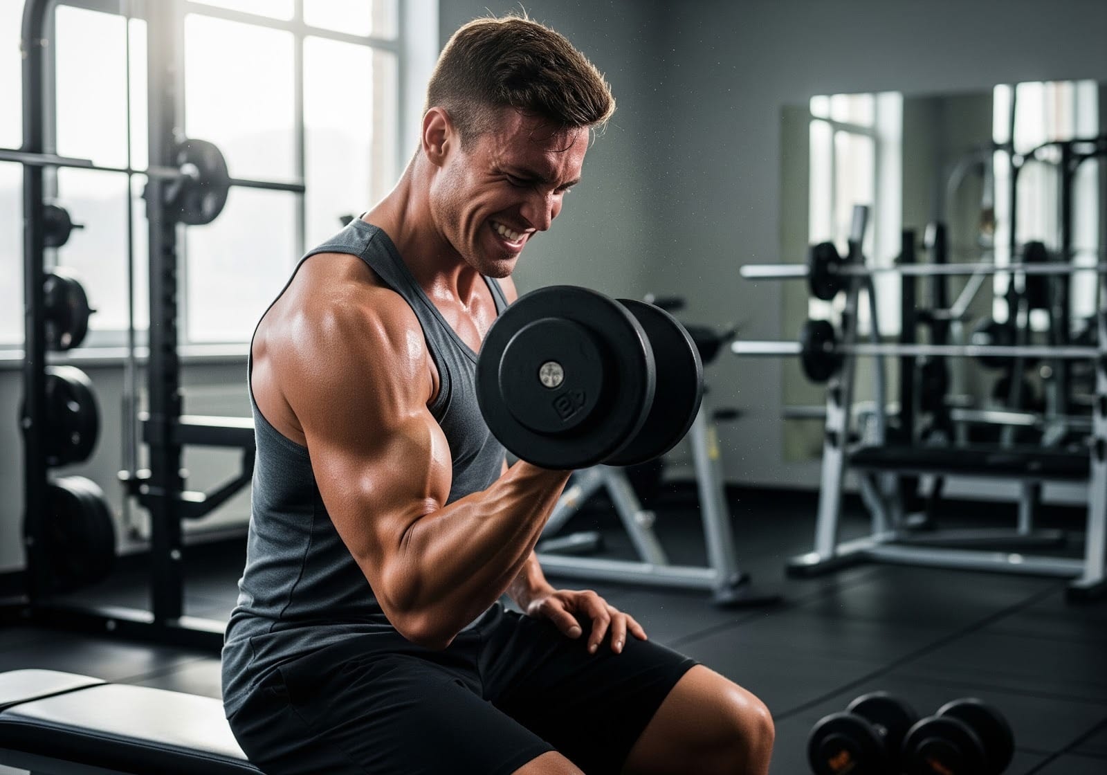 Realistic image of a male athlete performing a weight training exercise, focusing on muscle development
