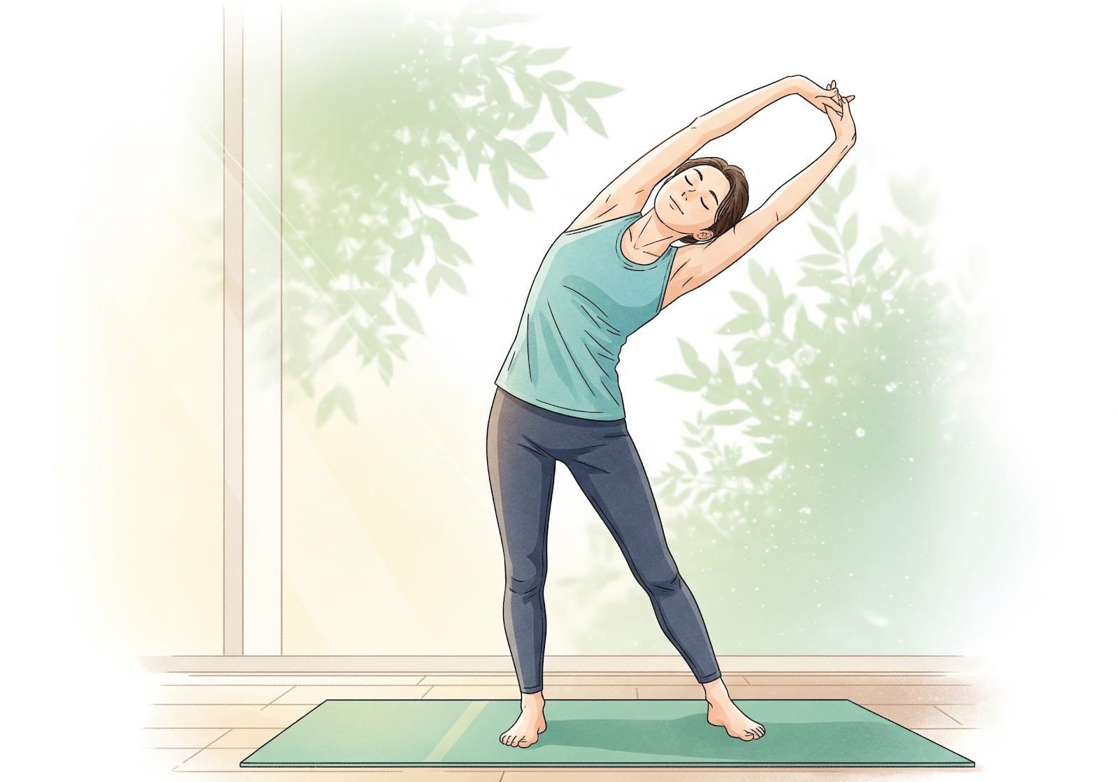 An illustration of a person gently stretching in a yoga pose