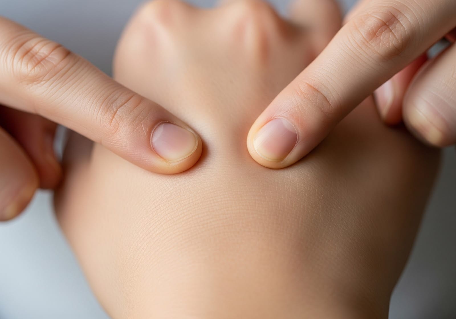 A close-up image of a person gently stretching the skin with two fingers
