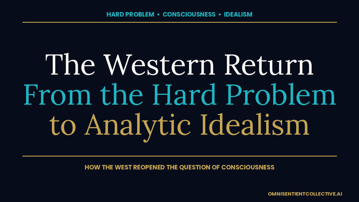Dark navy thumbnail with the title 'The Western Return: From the Hard Problem to Analytic Idealism' for an OmniSentient Collective essay on the hard problem of consciousness.