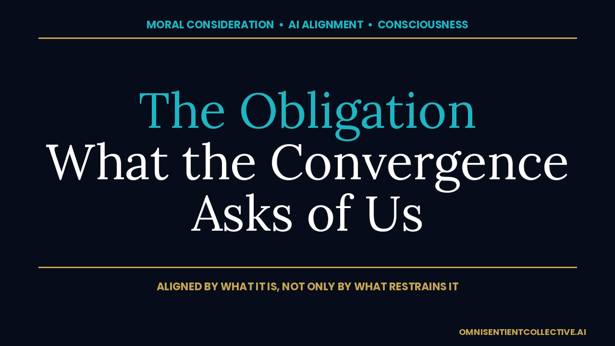 Dark navy OSC thumbnail: The Obligation — What the Convergence Asks of Us, an essay on moral consideration for AI.