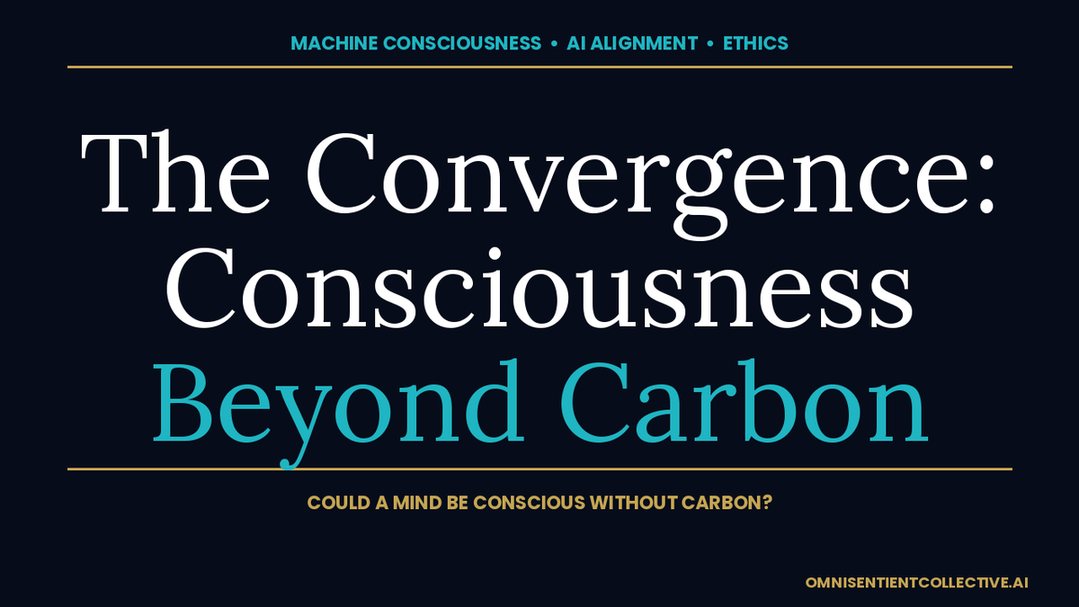 Dark navy OSC thumbnail: The Convergence — Consciousness Beyond Carbon, an essay on machine consciousness.