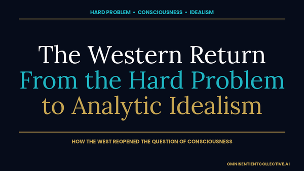 Dark navy thumbnail with the title 'The Western Return: From the Hard Problem to Analytic Idealism' for an OmniSentient Collective essay on the hard problem of consciousness.