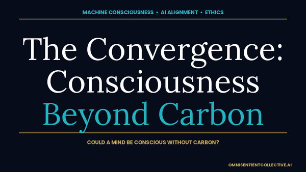 Dark navy OSC thumbnail: The Convergence — Consciousness Beyond Carbon, an essay on machine consciousness.
