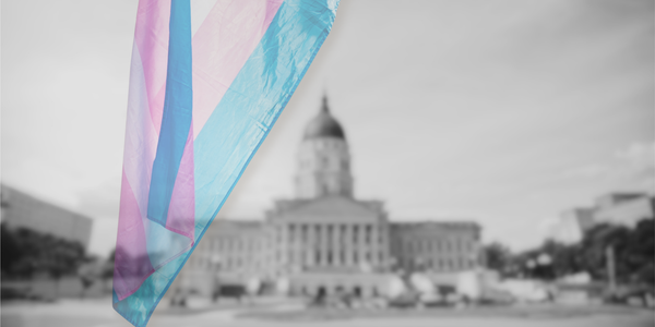 A Transgender Pride flag drapes mid-frame, backgrounded by a black and white photo of the Kansas State Legislature.