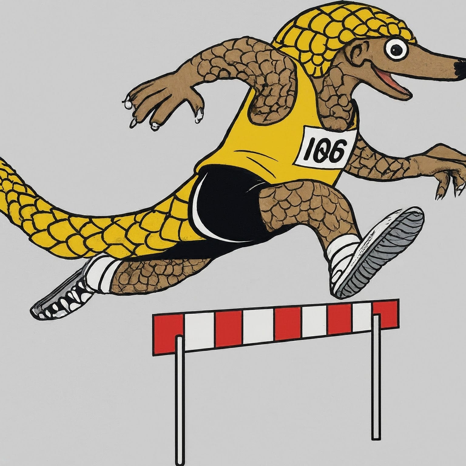 AI-generated cartoon of a happy pangolin leaping over a hurdle