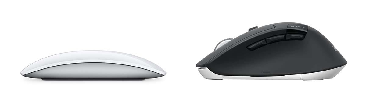 Side-profile photos of Apple's Magic Mouse and Logitech's M720 mouse, side by side. Magic Mouse looks like a low-slung, featureless, geometric curve. M720 is curved like the inside of a hand, and is studded with tactile buttons.