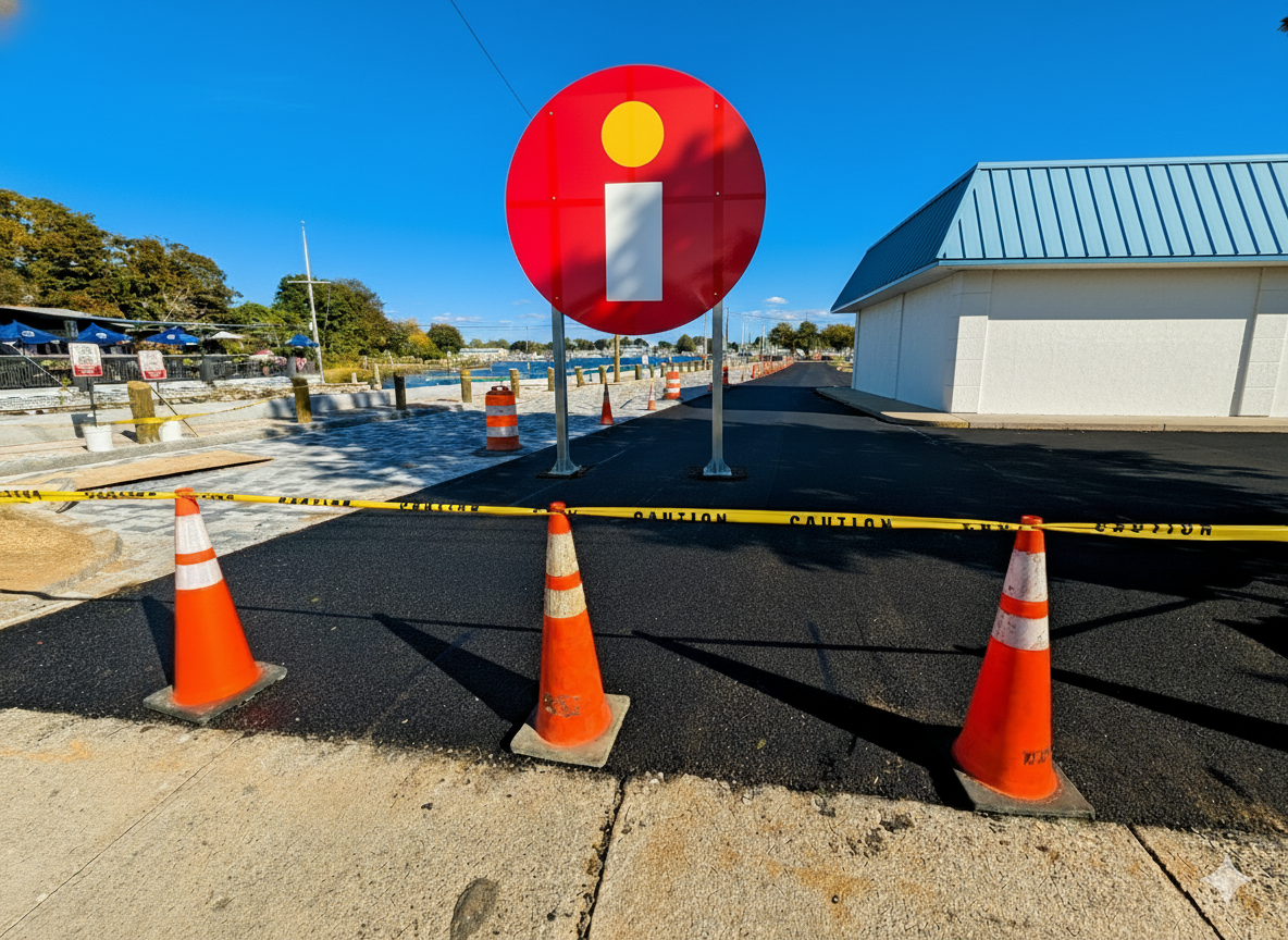 A construction site showing a nearly-complete retail property. Traffic cones and CAUTION tape across the foreground.