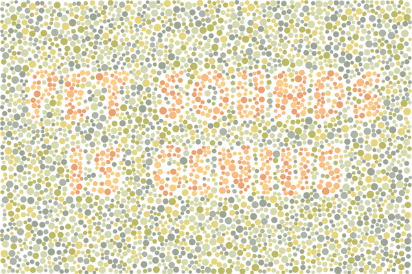 A color blindness test card. "PET SOUNDS IS GENIUS" is hidden among the orange and green dots.