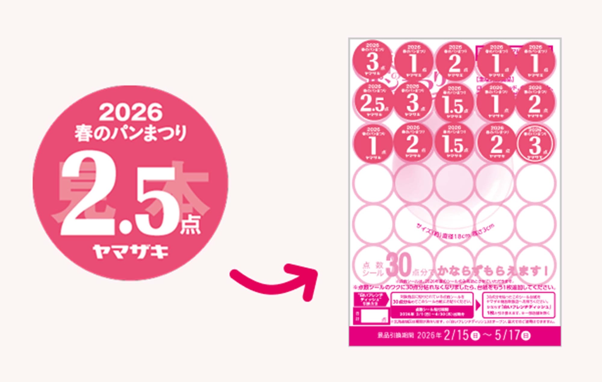 야마자키 제과의 '봄의 빵 축제' 소개 포스터. 스티커 씰을 전용 용지에 붙이면 된다는 안내문.