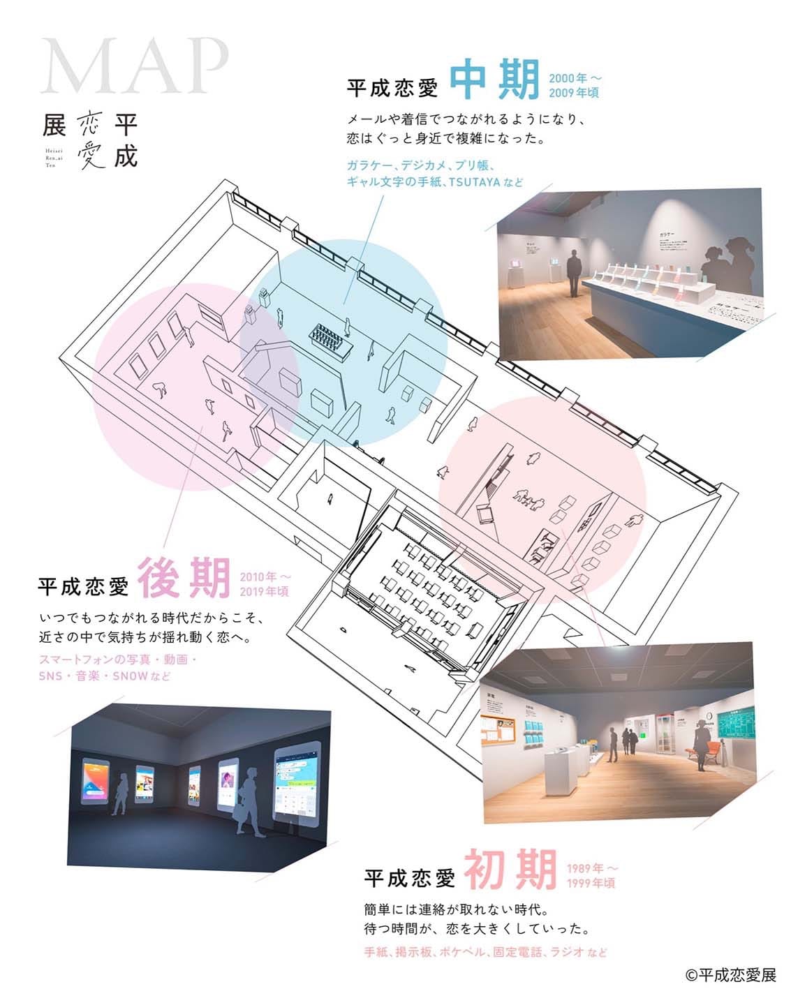 롯폰기 뮤지엄에서 개최되는 전시 '헤이세이 연애 전시회(平成恋愛展)’의 전시 구성. 헤이세이 시대를 초기, 중기, 후기로 나누어 구분하는 구성.