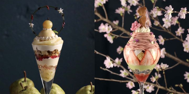 파르페 전문점 Parfaiteria PaL의 파르페 메뉴들. 꽃장식과 함께 화려한 모습