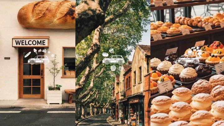 BMW 자동차 그룹 브랜드 미니(MINI)가 만든 '도시 우회 가이드' 홍보 사진. 자동차가 도시 곳곳의 숨겨진 빵집을 돌아다니고 있다.