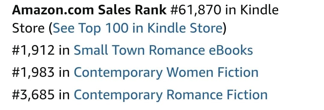 Amazon.com Sales Rank: #61,870 in Kindle Store (See Top 100 in Kindle Store) #1,912 in Small Town Romance eBooks, #1,983 in Contemporary Women Fiction, #3,685 in Contemporary Romance Fiction