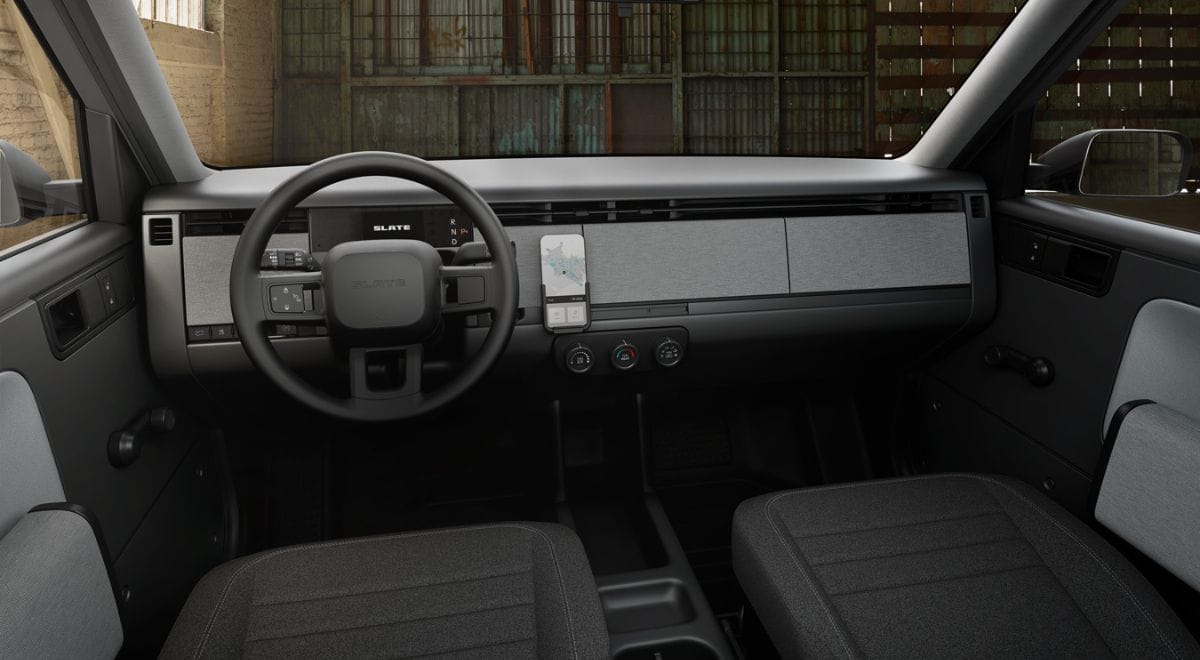 Simplified interior of Slate electric pickup focused on affordability and utility