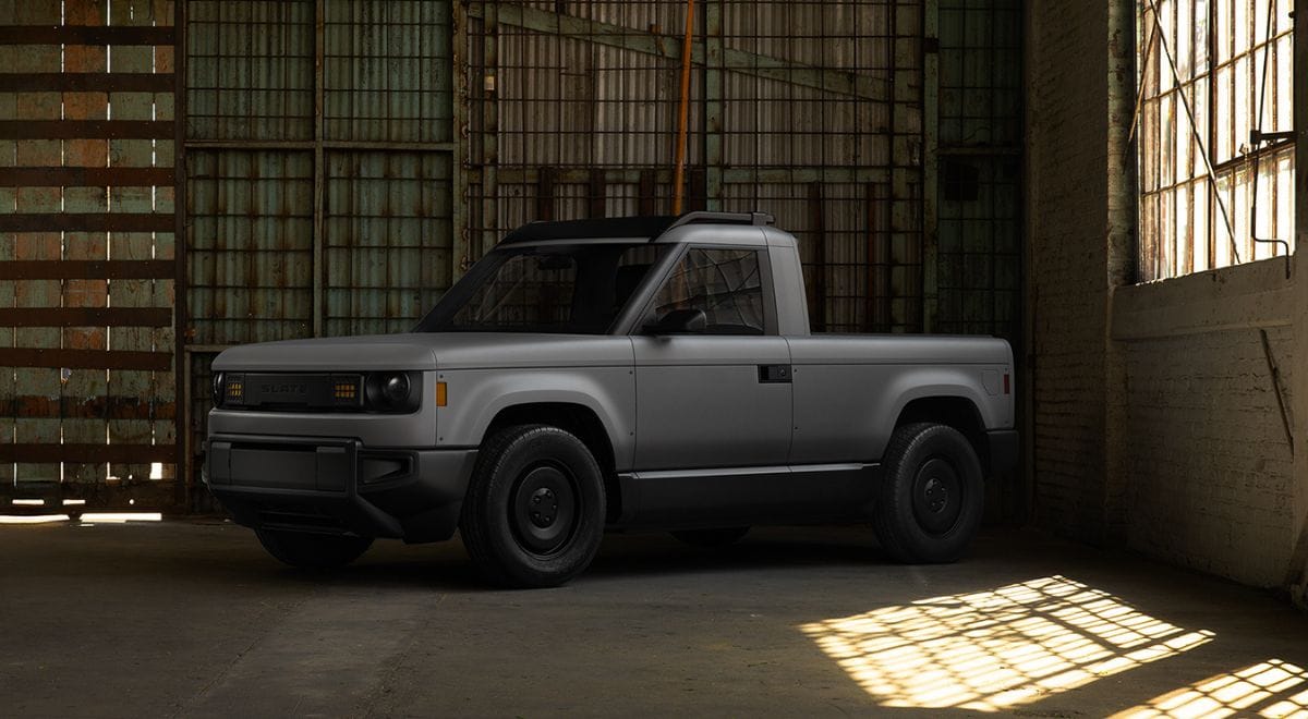 Side profile of Slate electric pickup highlighting compact truck proportions