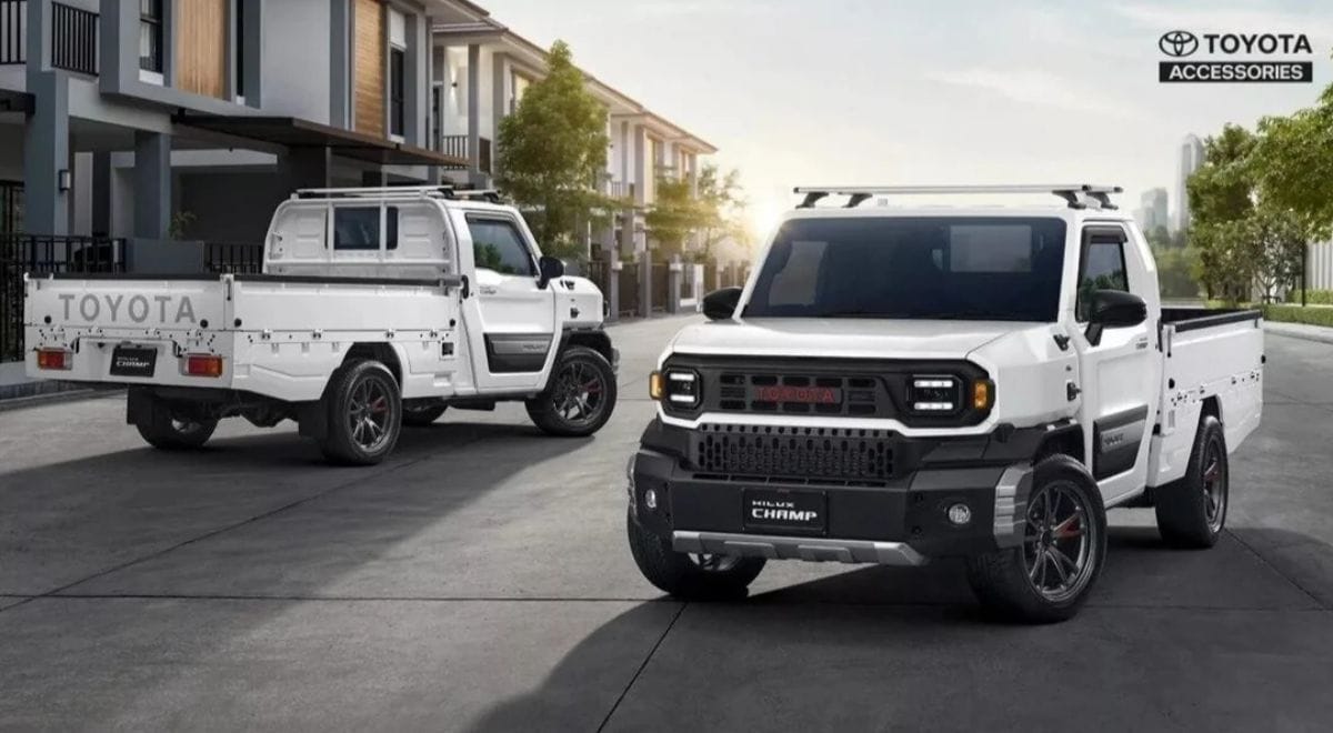 Toyota Hilux Champ stripped-down compact pickup hauling on a dusty trail – the indestructible $13K workhorse America can't import