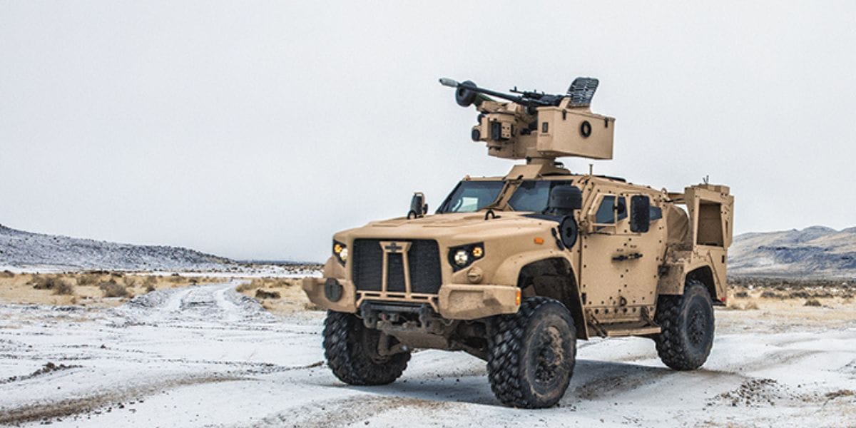 Oshkosh JLTV armed with mounted weapon system – the next-generation military tactical vehicle designed to replace the Humvee