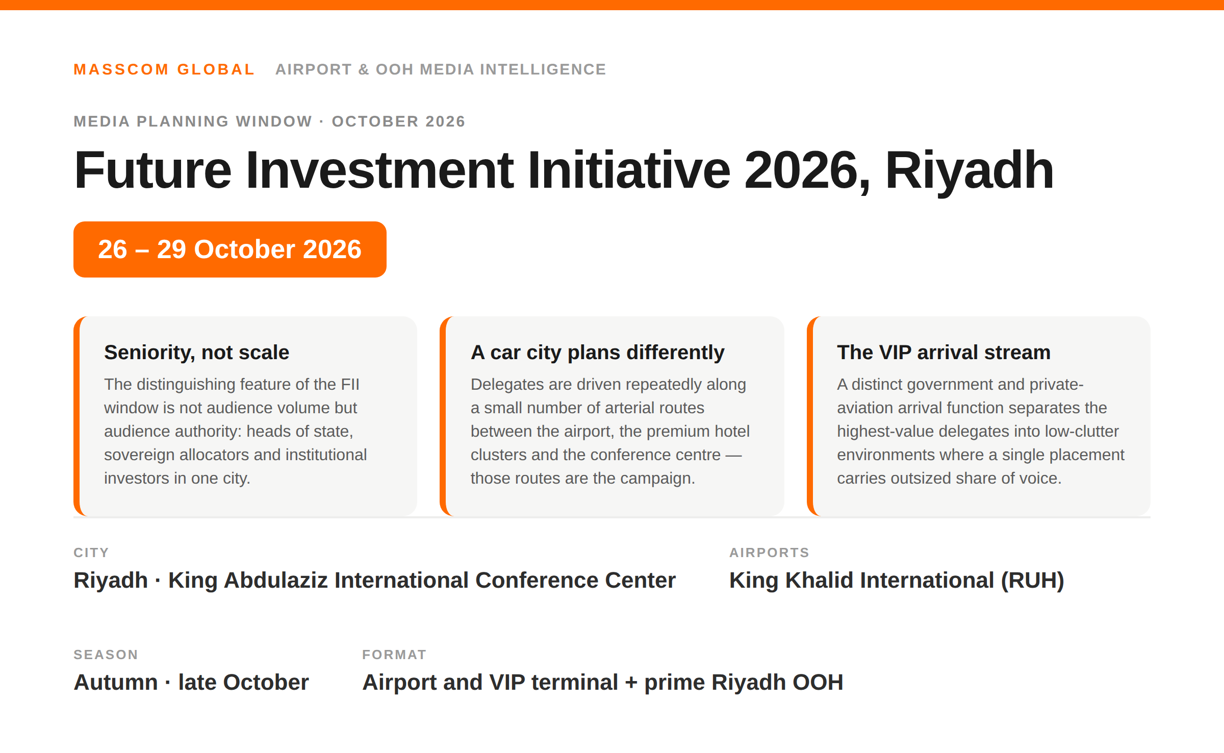 Future Investment Initiative 2026 media planning card: King Khalid Airport (RUH) and prime Riyadh advertising across the four-day October conference.