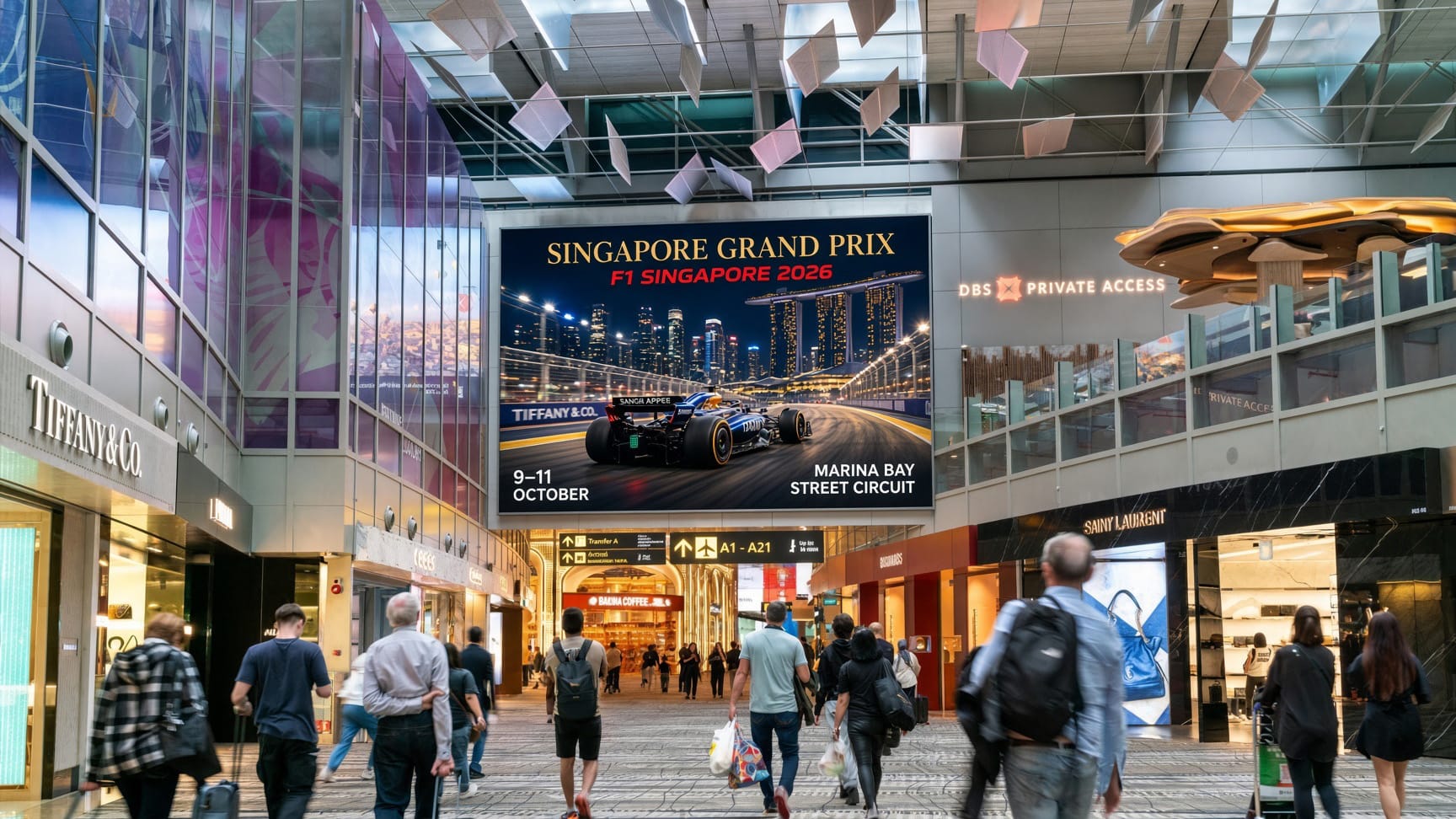 Advertising environment at Singapore Seletar Airport (XSP), Singapore's business-aviation gateway for UHNWI race visitors.
