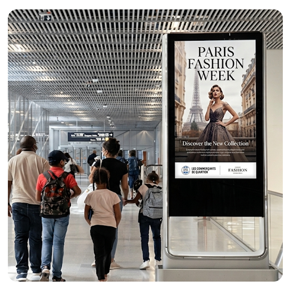 Terminal media environment at Paris Charles de Gaulle (CDG), reaching global luxury buyers arriving for Paris Fashion Week 2026.