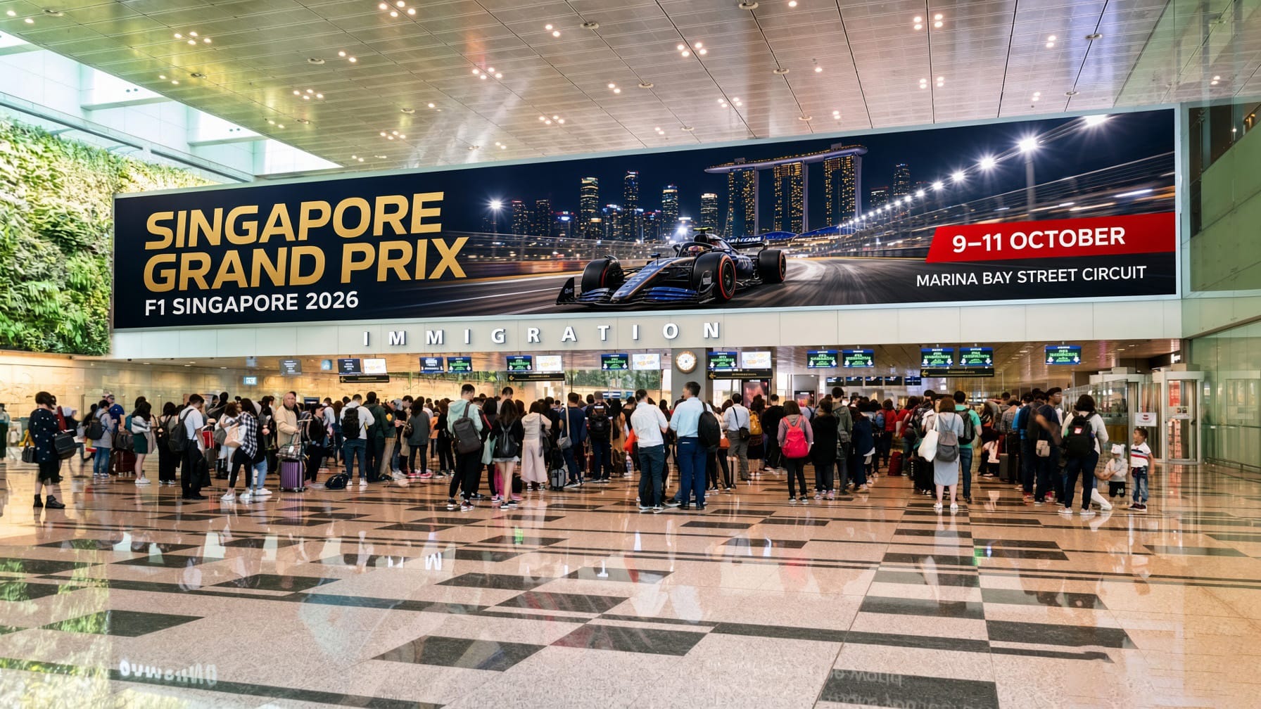 Programmatic digital out-of-home displays in a Singapore Changi Airport terminal, first touchpoint for Grand Prix 2026 arrivals.