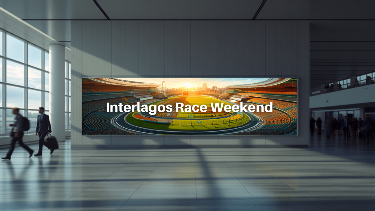Illustrative concept of an airport digital advertising screen at Sao Paulo/Guarulhos International Airport (GRU), themed for Brazilian F1 Grand Prix. Image for illustrative purposes only, not an actual installed advertisement.