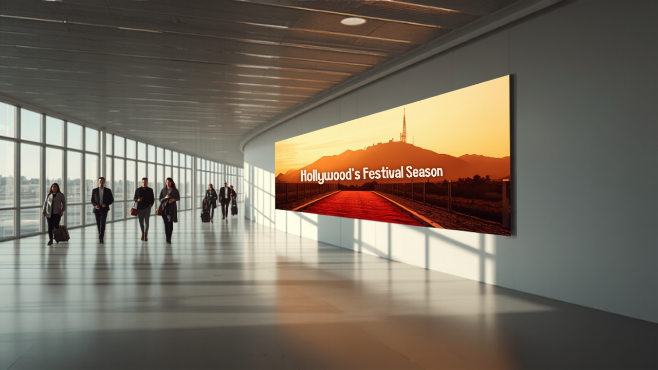 Illustrative concept of an airport digital advertising screen at Los Angeles International Airport (LAX), themed for AFI Fest 2026. Image for illustrative purposes only, not an actual installed advertisement.