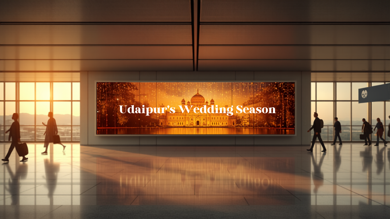Illustrative concept of an airport digital advertising screen at Maharana Pratap Airport (UDR), themed for Udaipur Destination Wedding Season. Image for illustrative purposes only, not an actual installed advertisement.