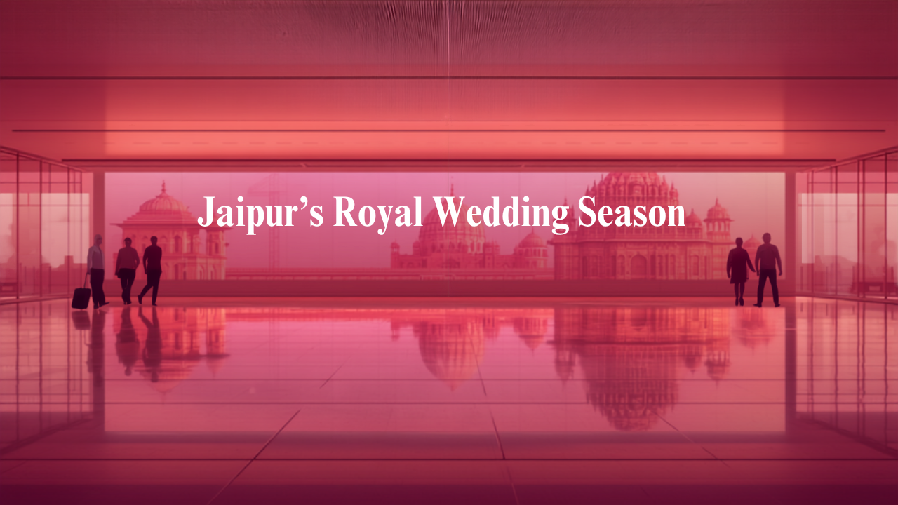 Illustrative concept of an airport digital advertising screen at Jaipur International Airport (JAI), themed for Jaipur Wedding Season. Image for illustrative purposes only, not an actual installed advertisement.