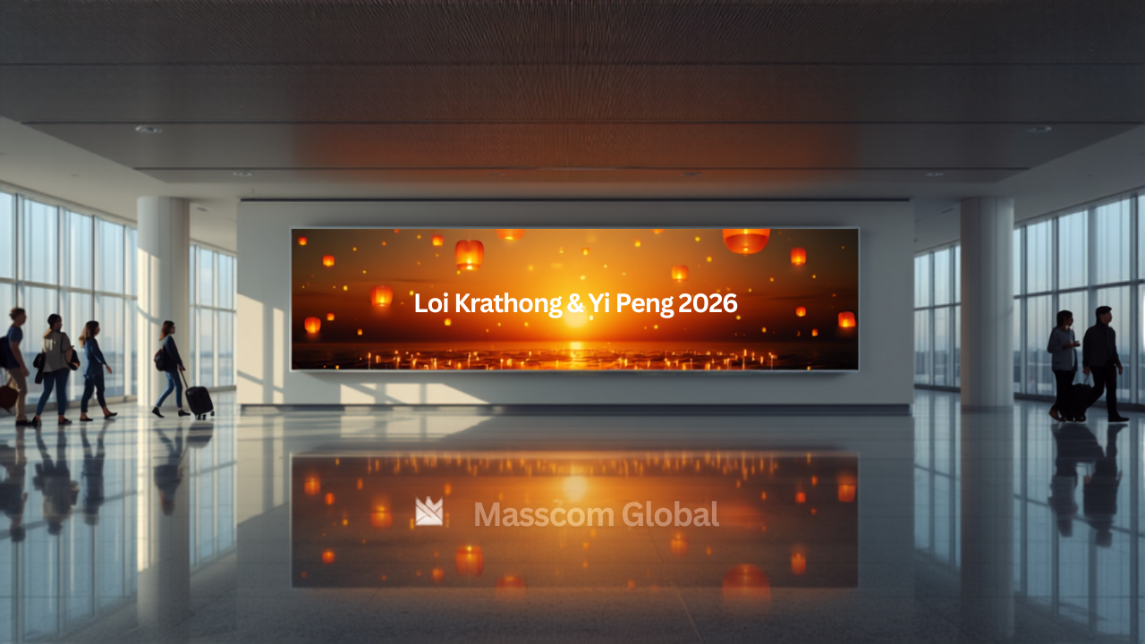 Illustrative concept of an airport digital advertising screen themed for Loi Krathong and Yi Peng lantern festival. Image for illustrative purposes only, not an actual installed advertisement.