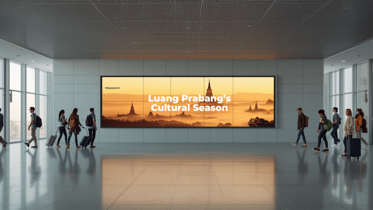 Illustrative concept of an airport digital advertising screen at Luang Prabang International Airport (LPQ), themed for Luang Prabang Cultural Season. Image for illustrative purposes only, not an actual installed advertisement.