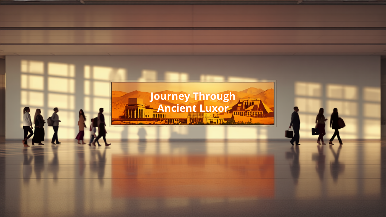 Illustrative concept of an airport digital advertising screen at Luxor International Airport (LXR), themed for Luxor Cultural Season. Image for illustrative purposes only, not an actual installed advertisement.