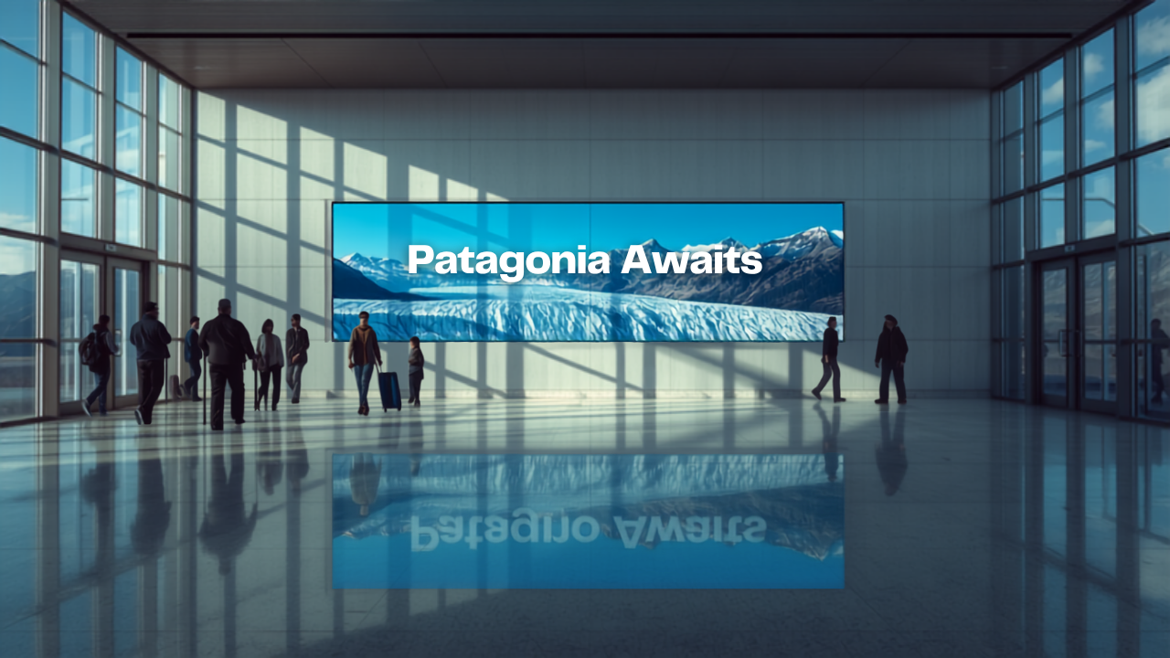 Illustrative concept of an airport digital advertising screen at El Calafate Airport (FTE), themed for Patagonia Trekking Season. Image for illustrative purposes only, not an actual installed advertisement.