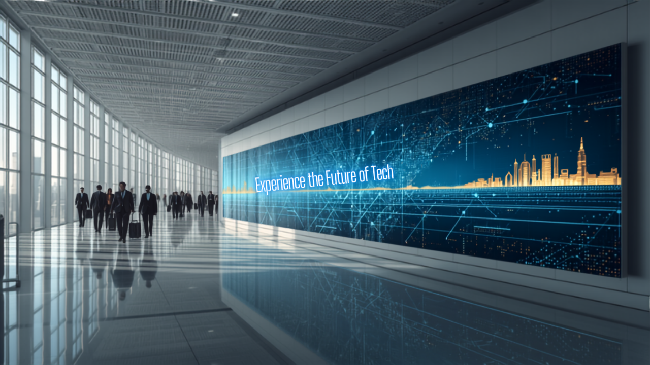 Illustrative concept of an airport digital advertising screen at Dubai International Airport (DXB), themed for GITEX GLOBAL 2026. Image for illustrative purposes only, not an actual installed advertisement.