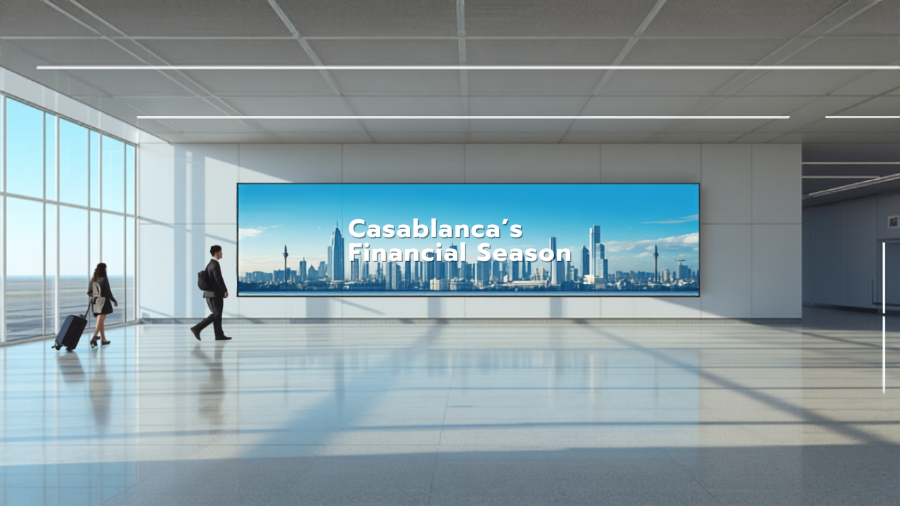Illustrative concept of an airport digital advertising screen at Casablanca Mohammed V International Airport (CMN), themed for Casablanca Finance Window. Image for illustrative purposes only, not an actual installed advertisement.