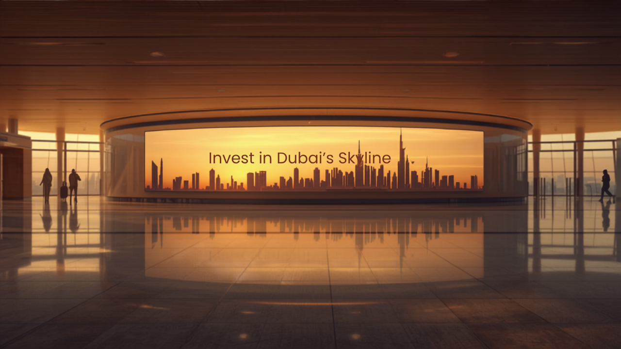 Illustrative concept of an airport digital advertising screen at Dubai International Airport (DXB), themed for Dubai Real Estate Season 2026. Image for illustrative purposes only, not an actual installed advertisement.