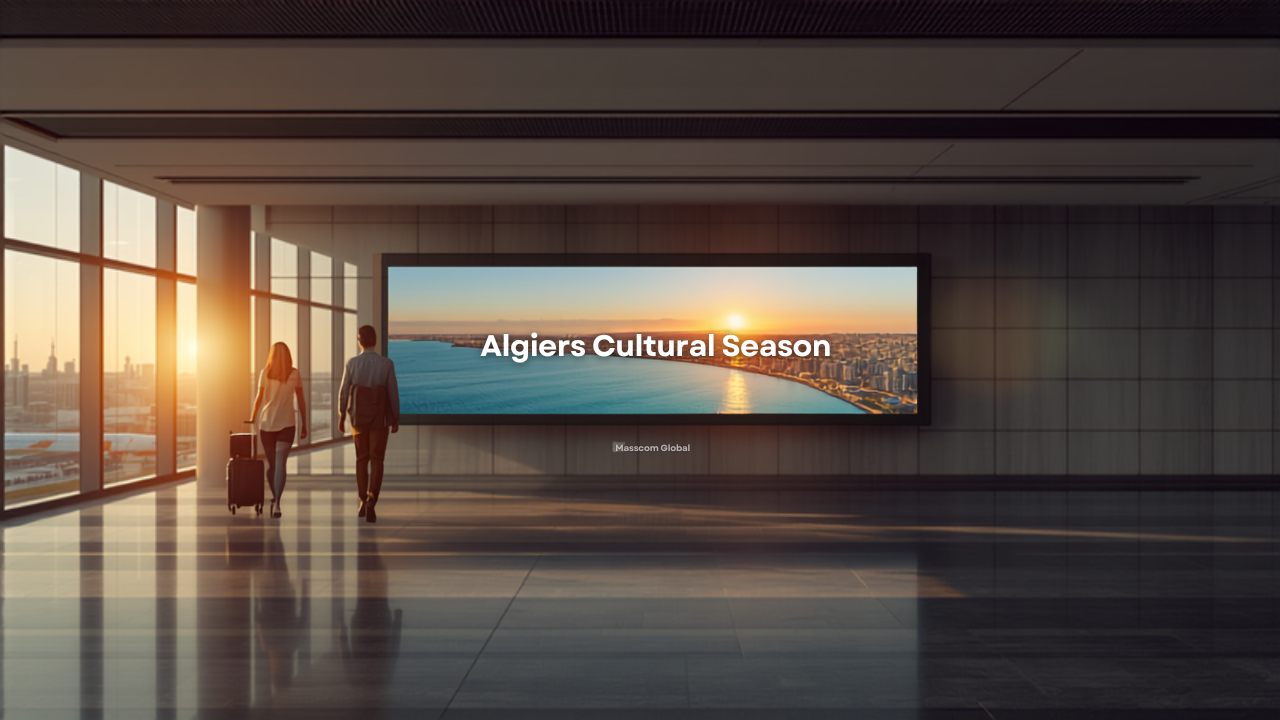Illustrative concept of an airport digital advertising screen at Houari Boumediene Airport (ALG), themed for Algiers Cultural HNWI Window. Image for illustrative purposes only, not an actual installed advertisement.
