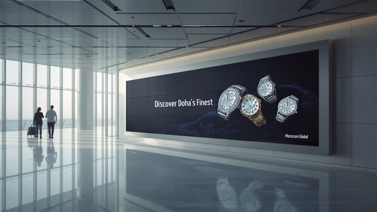 Illustrative concept of an airport digital advertising screen at Hamad International Airport (DOH), themed for Doha Jewellery & Watches Exhibition. Image for illustrative purposes only, not an actual installed advertisement.