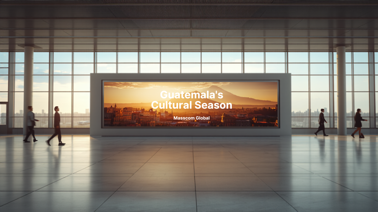 Illustrative concept of an airport digital advertising screen at La Aurora International Airport (GUA), themed for Guatemala Cultural Window. Image for illustrative purposes only, not an actual installed advertisement.